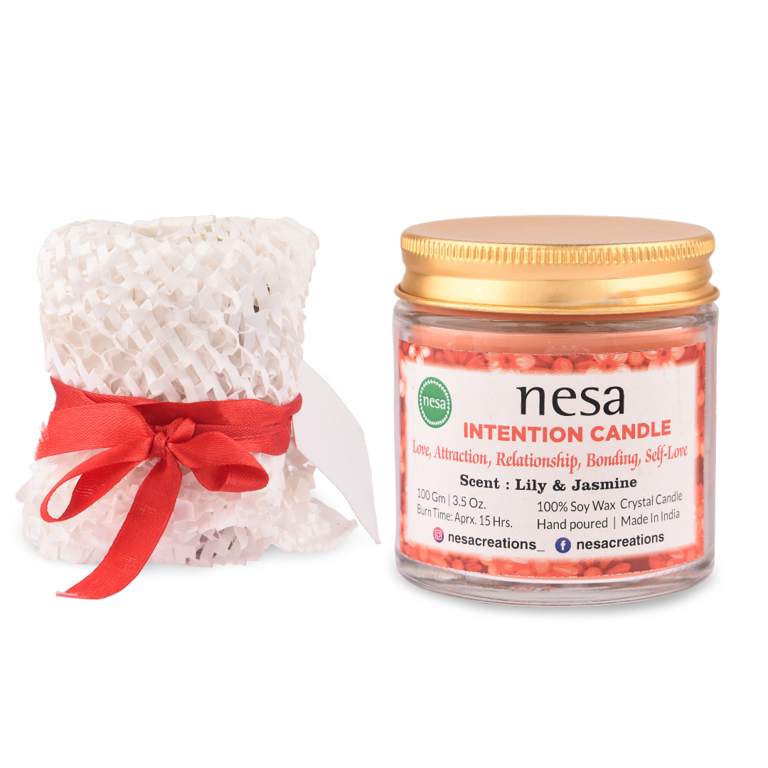Nesa Love Intention Crystal Candle - 100% Soy Wax Candle- Red Color and Lily & Jasmine Scent - Spell and Ritual Candle for Relationship, Bonding- 100 g