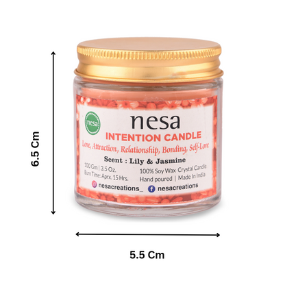 Nesa Love Intention Crystal Candle - 100% Soy Wax Candle- Red Color and Lily & Jasmine Scent - Spell and Ritual Candle for Relationship, Bonding- 100 g