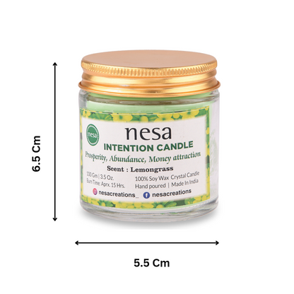 Nesa Prosperity Intention Crystal Candle - 100% Soy Wax Candle- Green Color and Lemongrass Scent - Spell and Ritual Candle for Money Attraction- 100 g