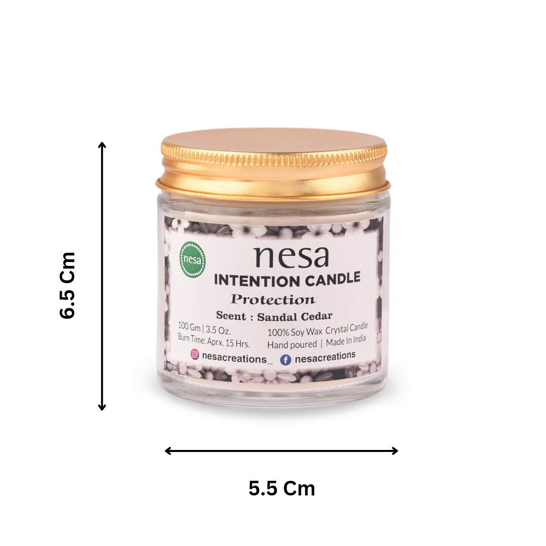 Nesa Intention Crystal Candle for Protection | 100% Soy Wax | Sandal Cedar Scent | White Colour | Spell and Ritual Candle-100 g