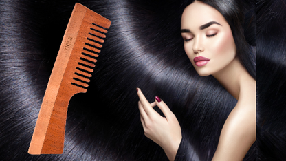 Nesa Neem Wood Comb - Brown Wide Tooth Comb with Handle | Control Hair Fall & Dandruff | Promotes Healthy & Beautiful Hair - Natural Hair Care Solution