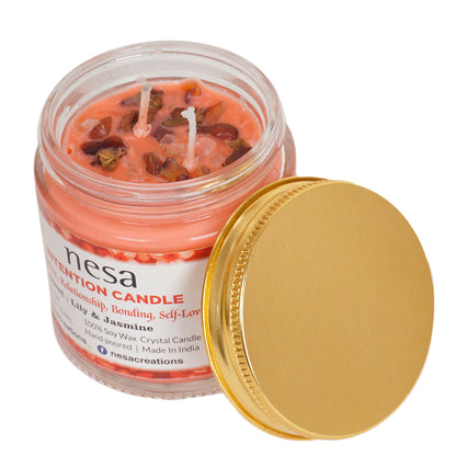 Nesa Love Intention Crystal Candle - 100% Soy Wax Candle- Red Color and Lily & Jasmine Scent - Spell and Ritual Candle for Relationship, Bonding- 100 g