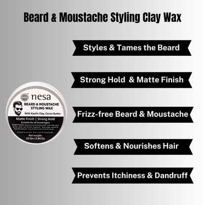 Nesa Beard & Moustache Clay Wax for Men - 25 g | Natural Matte Finish and Strong Hold | Enriched with Kaolin Clay and Cocoa Butter