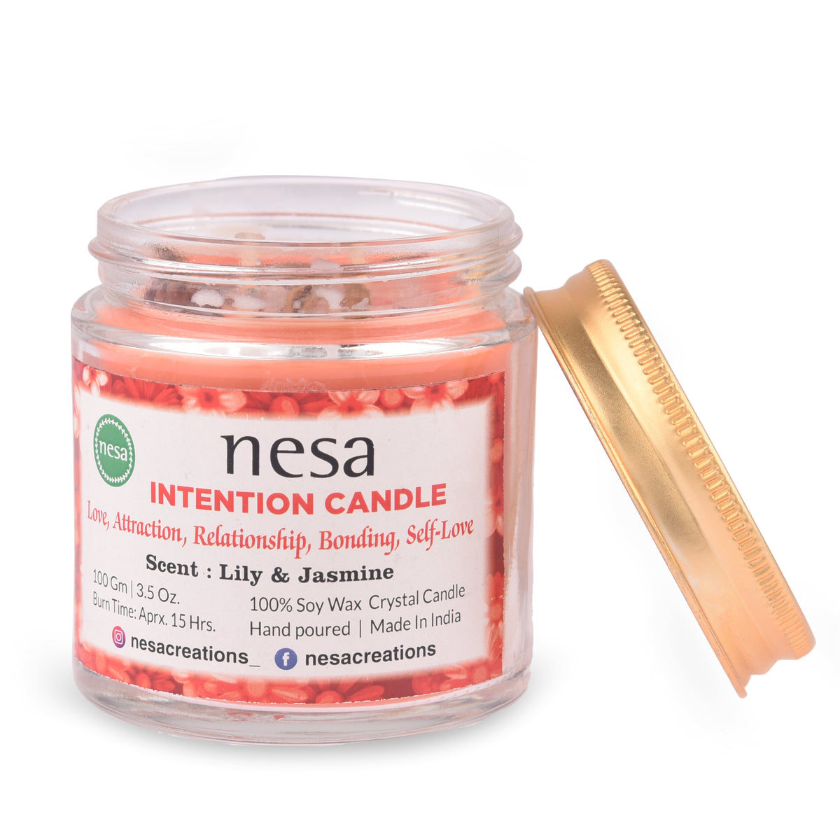 Nesa Love Intention Crystal Candle - 100% Soy Wax Candle- Red Color and Lily & Jasmine Scent - Spell and Ritual Candle for Relationship, Bonding- 100 g