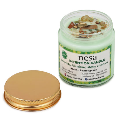 Nesa Prosperity Intention Crystal Candle - 100% Soy Wax Candle- Green Color and Lemongrass Scent - Spell and Ritual Candle for Money Attraction- 100 g