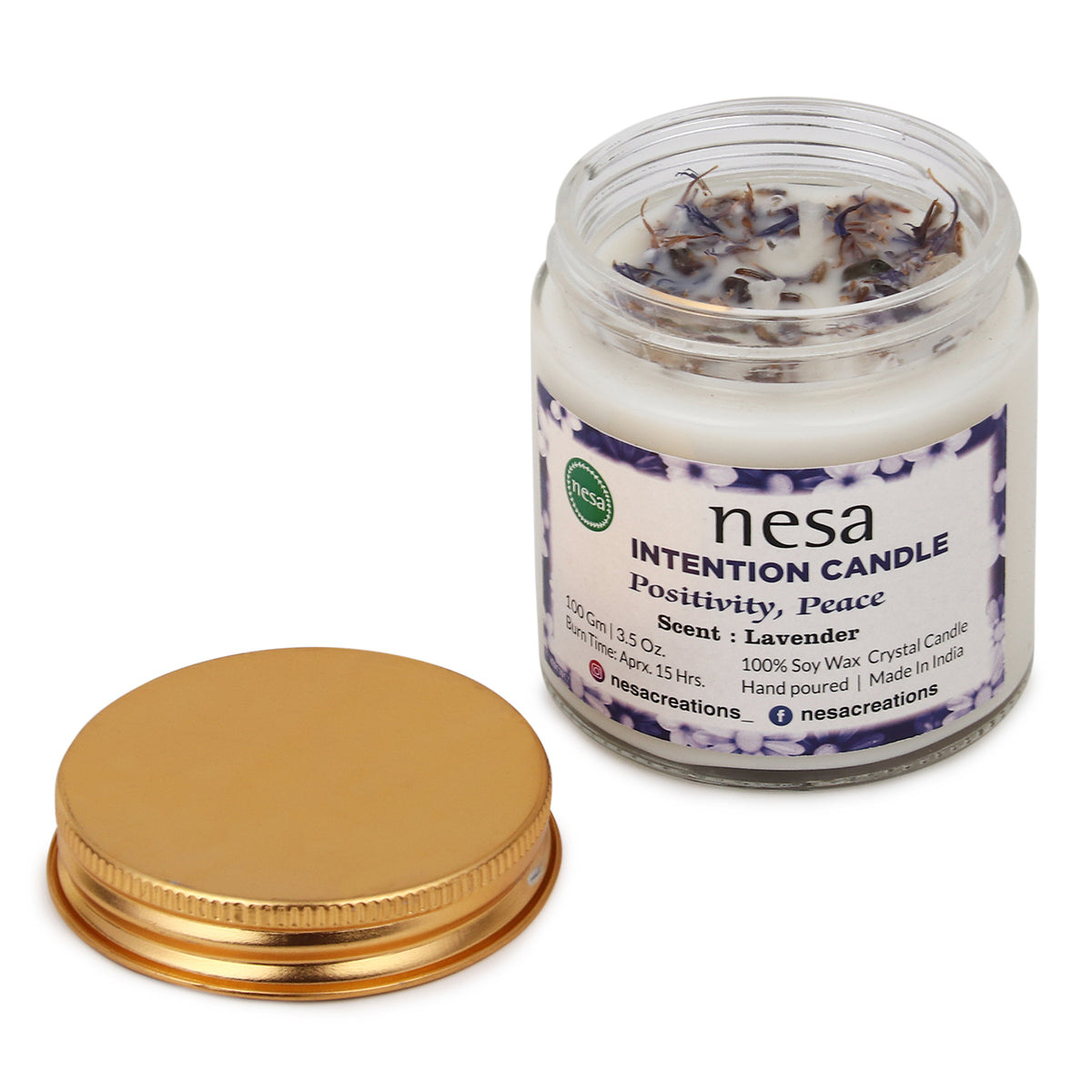 Nesa Serenity Lavender Crystal Candle | 100% Soy Wax | White Color | Lavender Scented | Spell Candle for Positivity, Peace, and Happiness | 100 g (3.5 oz)