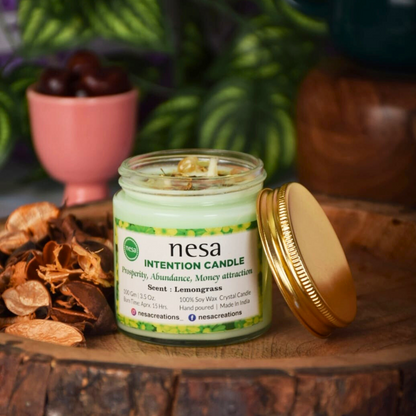 Nesa Prosperity Intention Crystal Candle - 100% Soy Wax Candle- Green Color and Lemongrass Scent - Spell and Ritual Candle for Money Attraction- 100 g
