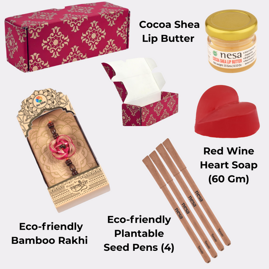 Eco-Friendly Rakhi Gift Hamper | Bamboo Rakhi, Plantable Seed Pens, Lip Butter, Red Wine Soap, Greeting Card – Handcrafted Raksha Bandhan Gift by Nesa