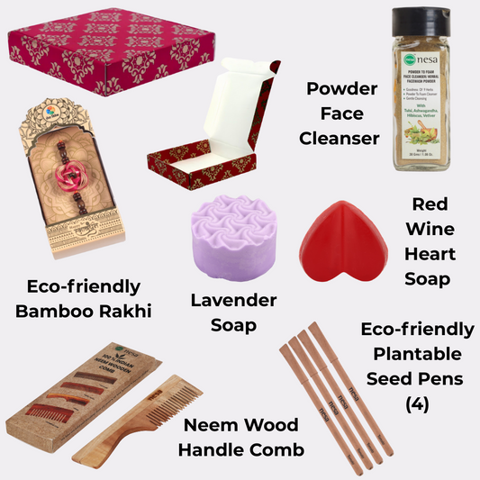 Eco-Friendly Rakhi Gift Hamper | Bamboo Rakhi, Neem Comb, Plantable Pens, Goat Milk Soap, Red Wine Soap, Face Cleanser – Sustainable Raksha Bandhan Gift by Nesa