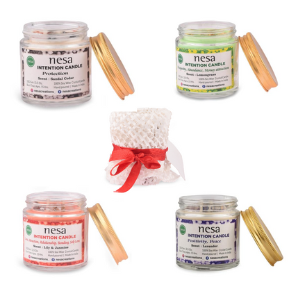 Intention Crystal Candles Gift Set - Combo of 4 (100g Each) - Aromatic Healing Candles for Money, Love, Peace & Protection - Perfect for Manifestation & Well-being