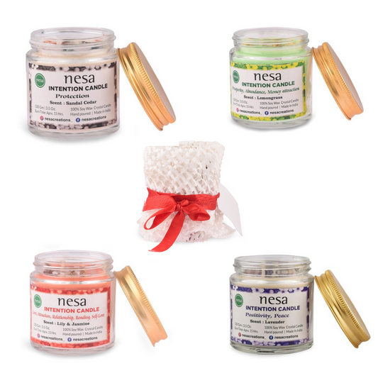 Intention Crystal Candles Gift Set - Combo of 4 (100g Each) - Aromatic Healing Candles for Money, Love, Peace & Protection - Perfect for Manifestation & Well-being