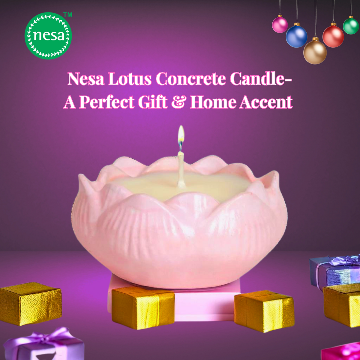 Nesa Lotus Concrete Candle – Pink Soy Wax with Elegant Floral Design